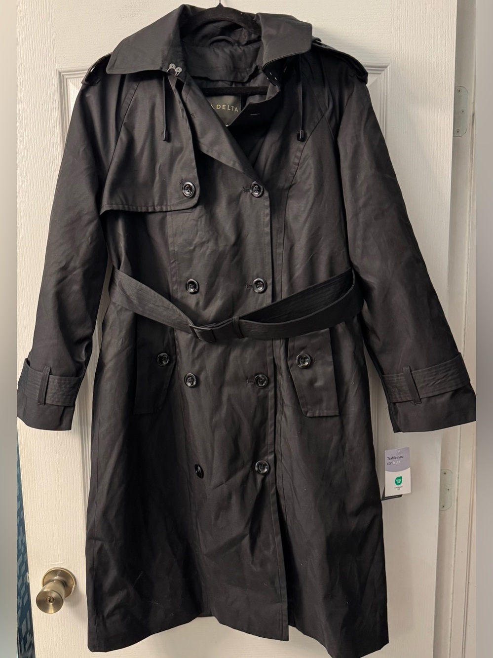 Delta Airlines Black Double-Breasted Hooded Trench with Waist Belt